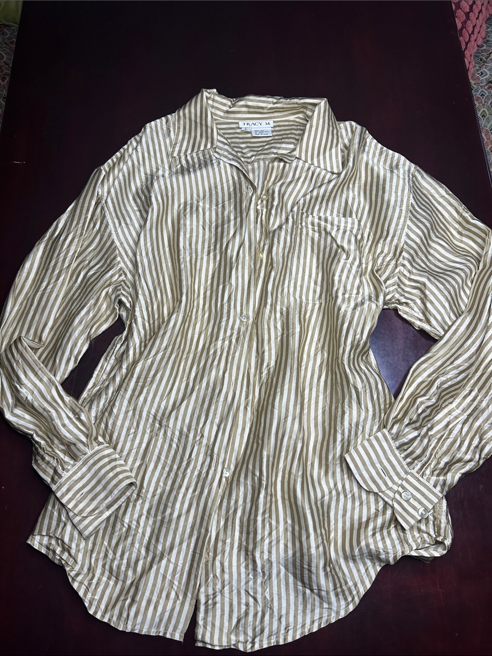 Tracy M Neutral Striped Button-Down Shirt Silk